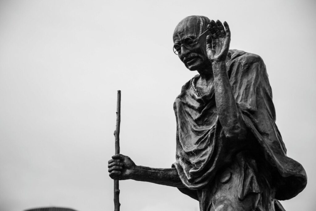 Monochrome image of Mahatma Gandhi statue in San Francisco.